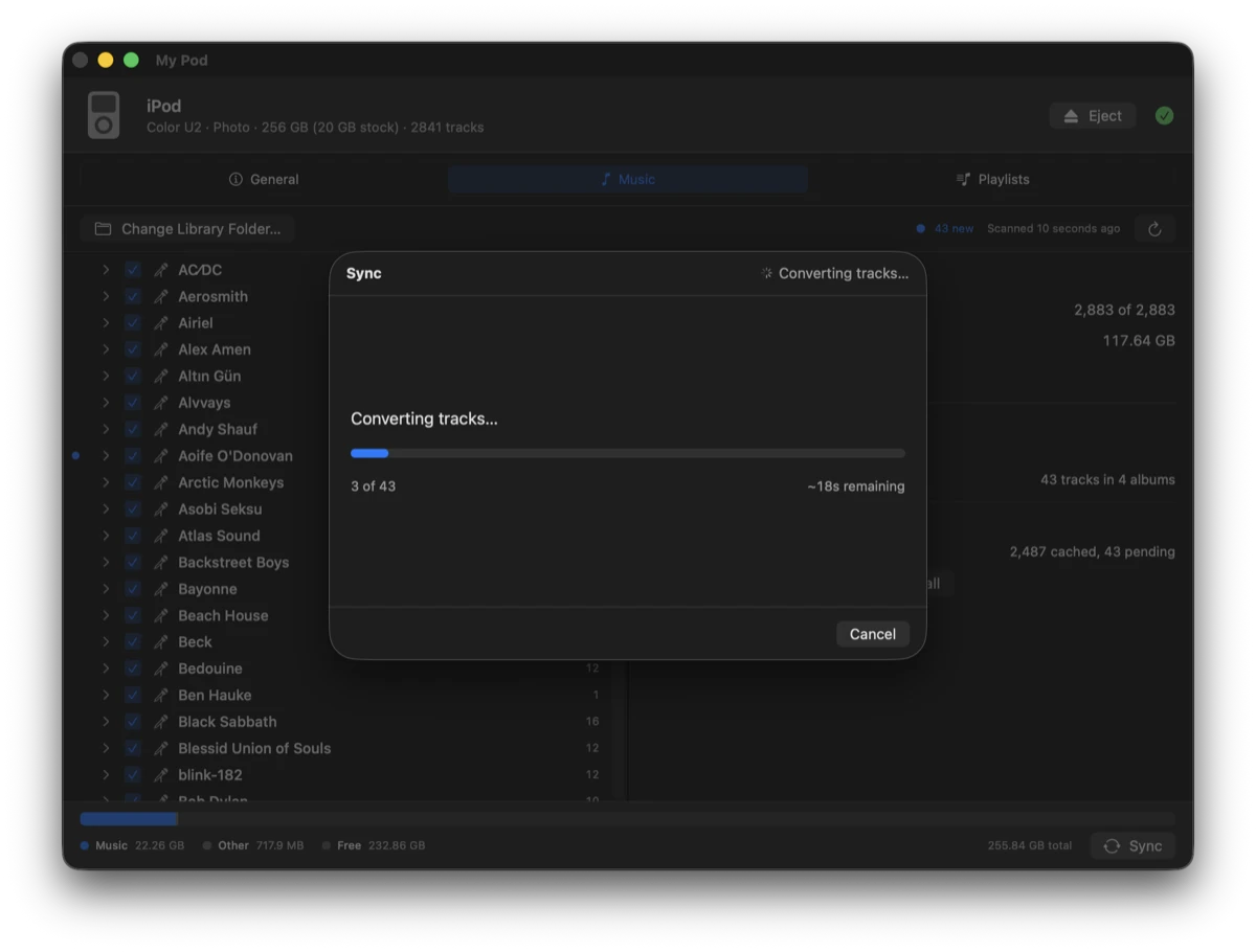 The converting phase, showing 3 of 43 tracks done and roughly eighteen seconds remaining.