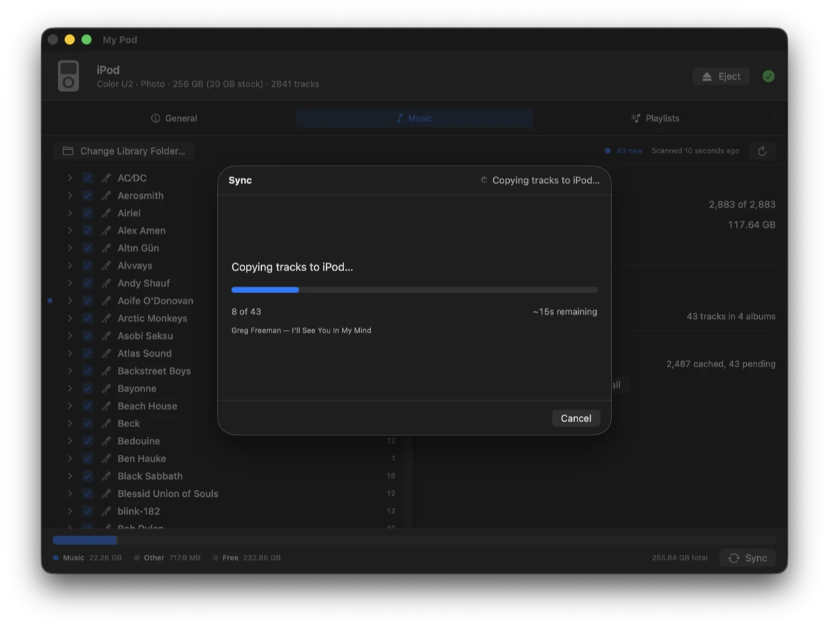 The copying phase, showing 8 of 43 tracks copied and the track currently being written.